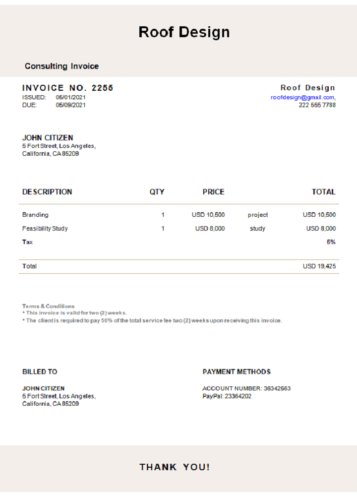USA Roof Design invoice PSD template